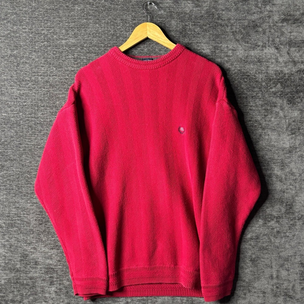 Y2K Chaps Ralph Lauren Mens Red Chevron Knit Cotton Crewneck Sweater Size M Cozy